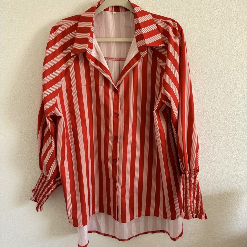 Oversized Orange and Cream Striped Button-Up Shirt
